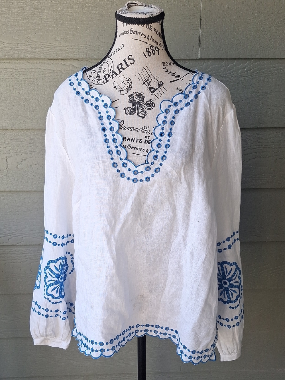 J. Crew Bungalow Embroidered Tunic Top Linen White & Blue Size L - Picture 2 of 12